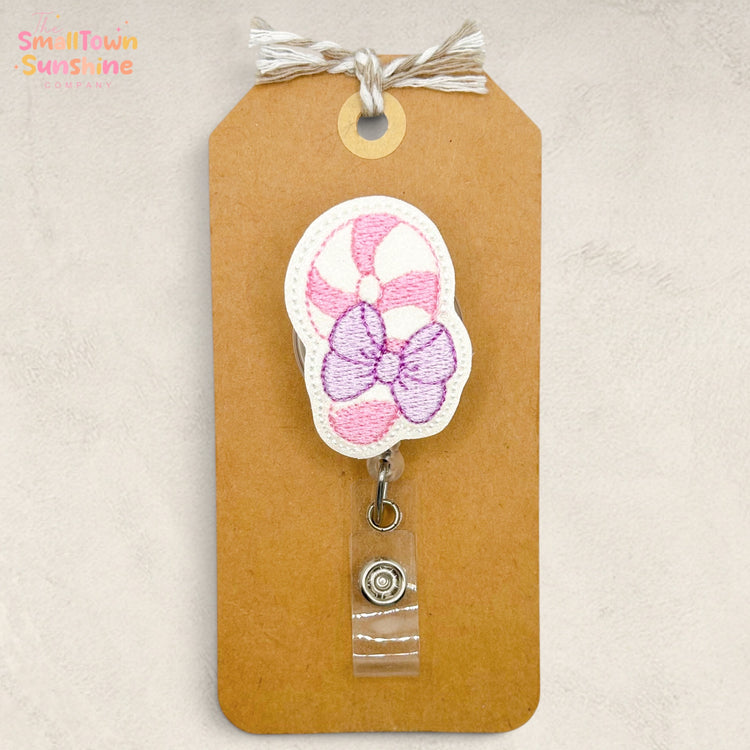 Pink Candy Cane with Bow Badge Topper