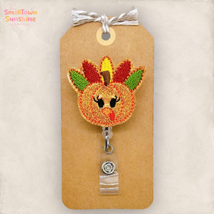 Pumpkin Turkey Badge Reel, Thanksgiving Badge, Nurse Badge Clip, Teacher Lanyard, Coworker Gift, Name Tag, Retractable ID Holder | GLITTER