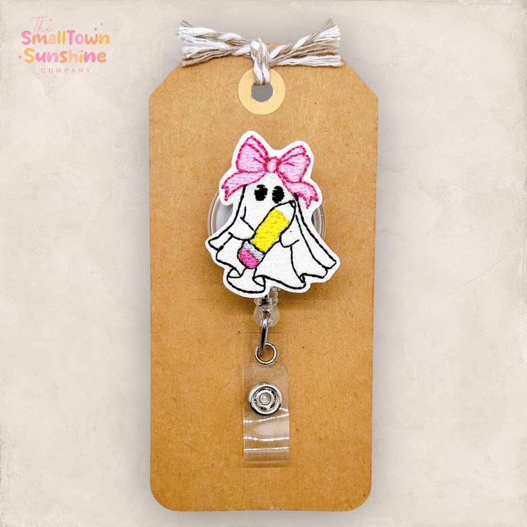 Pencil Ghost with Bow Badge Reel, Halloween Name Tag, Nurse Badge Clip, Lanyard, Coworker Gift, Badge Buddy, Retractable ID Holder | GLITTER