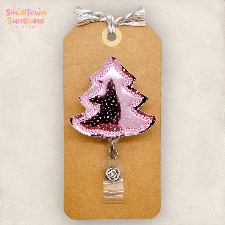 Pink Christmas Tree Badge Reel, Holiday Name Tag, Nurse Badge Clip, Teacher Lanyard, Coworker Gift, Interchangeable, Retractable ID Holder