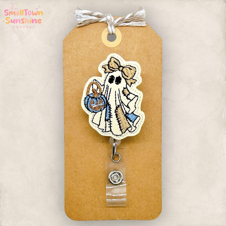 Pumpkin Patch Ghost Badge Reel, Halloween Name Tag, Nurse Badge Clip, Teacher Lanyard, Coworker Gift, Badge Topper, Retractable ID Holder