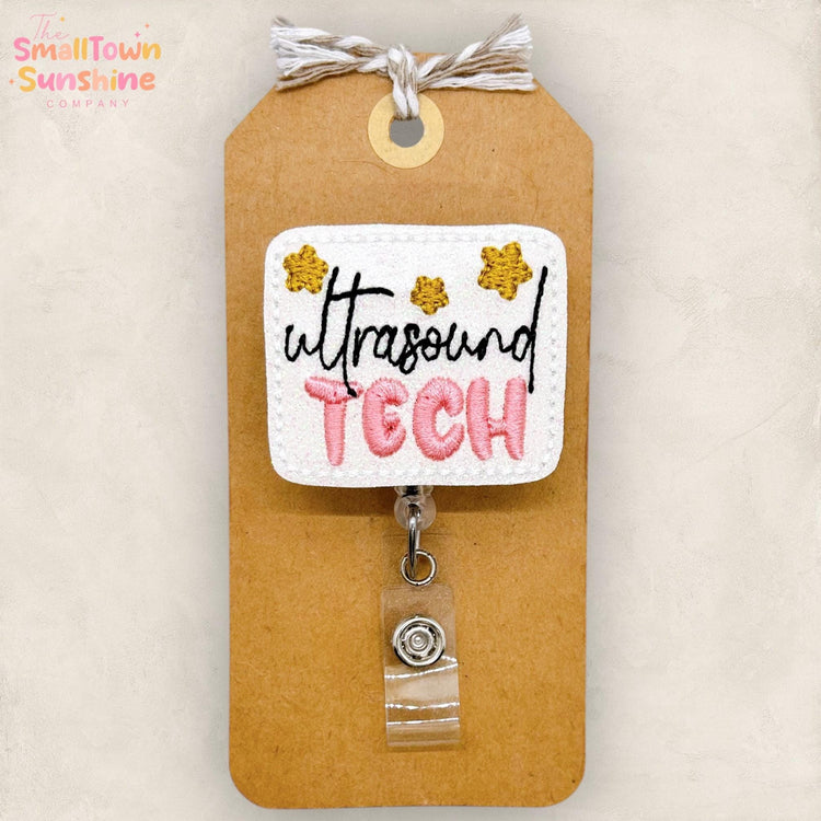 Ultrasound Tech Retractable Badge Reel: ID Holder, Hospital Lanyard, Coworker Gift, Swappable Topper, MRI Safe, Heavy Duty Options | GLITTER