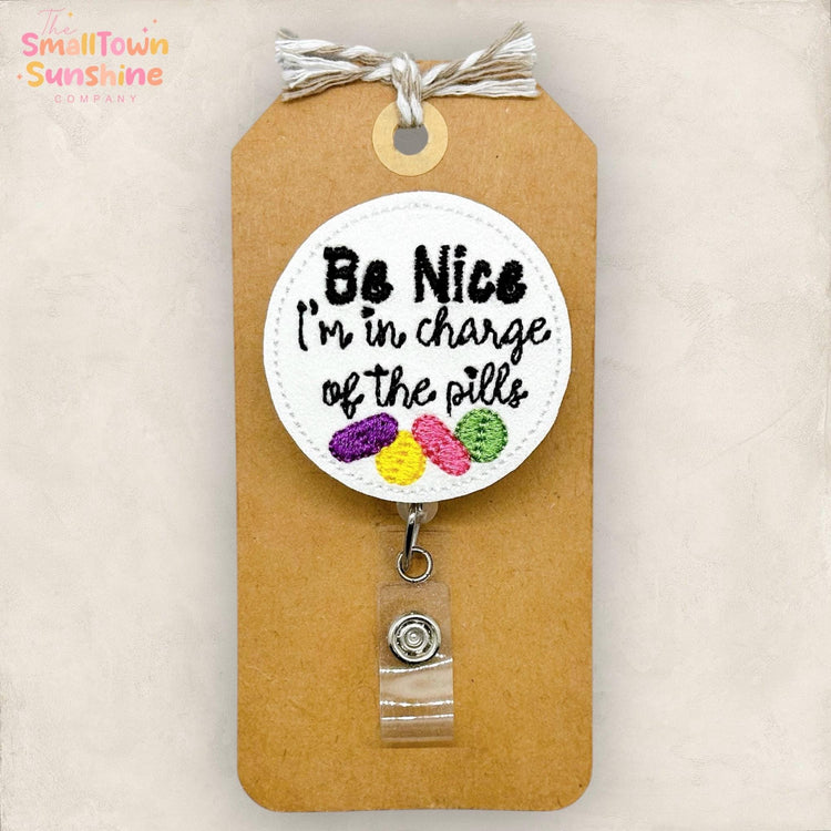 Iβm in Charge of the Pills Retractable Badge Reel: Pharmacy Tech ID Holder, Name Tag, Topper, Coworker Gift, Lanyard, MRI Safe | GLITTER