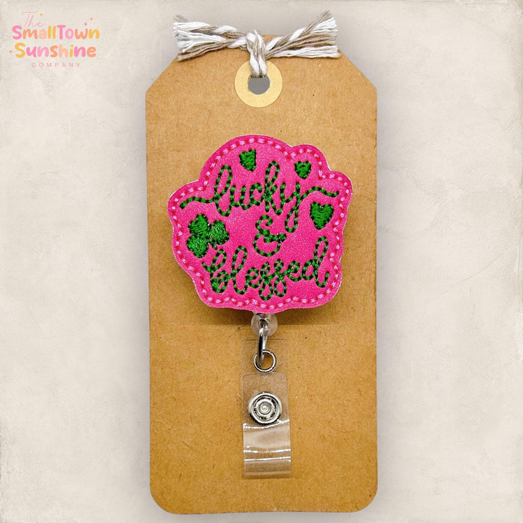 Lucky and Blessed Retractable Badge Reel: St Patrickβs ID Holder, Name Tag, Topper, Coworker Gift, Lanyard, MRI Safe, Heavy Duty Options