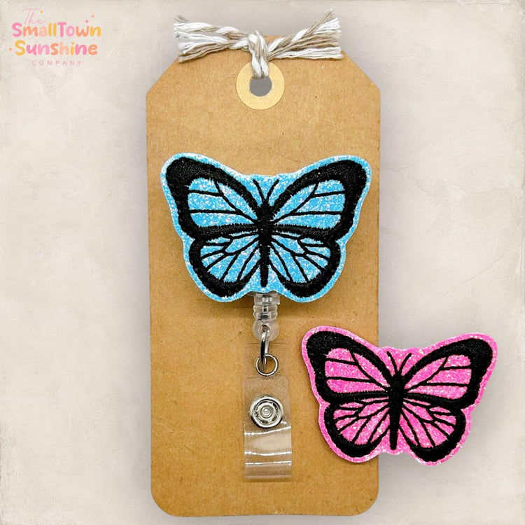 Bright Butterfly Retractable Badge Reel: Monarch ID Holder, Name Tag, Topper, Coworker Gift, Lanyard, MRI Safe, Heavy Duty Options | GLITTER
