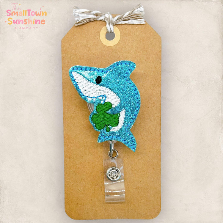 Shamrock Shark Retractable Badge Reel: St Patrickβs Day ID Holder, Name Tag, Topper, Coworker Gift, MRI Safe, Heavy Duty Options | GLITTER