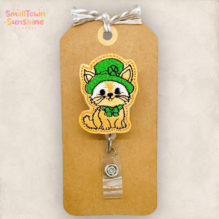 Leprechaun Tabby Cat Retractable Badge Reel: St Patrickβs Day ID Holder, Name Tag, Topper, Coworker Gift, MRI Safe, Heavy Duty Options