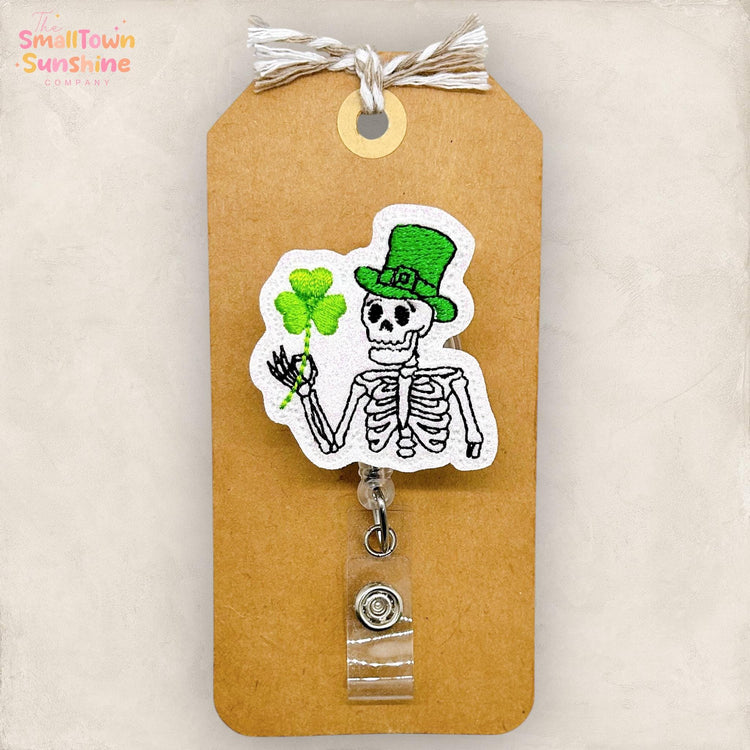 Skeleton Leprechaun Retractable Badge Reel: St Patrickβs ID Holder, Name Tag, Topper, Coworker Gift, MRI Safe, Heavy Duty Option | GLITTER