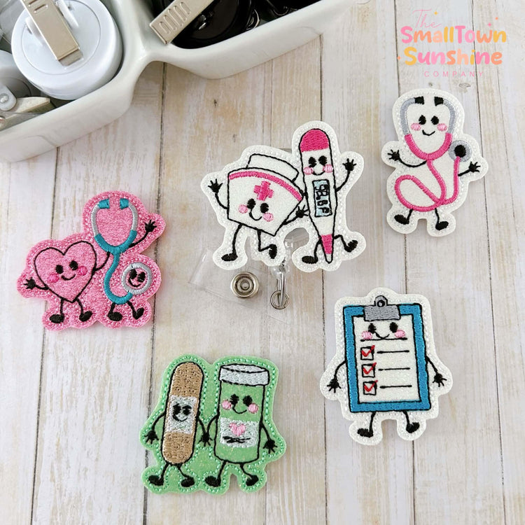 a collection of colorful, embroidered badges or patches with various medical-themed designs, including a stethoscope, a nurse, a clipboard, and other medical-related items.