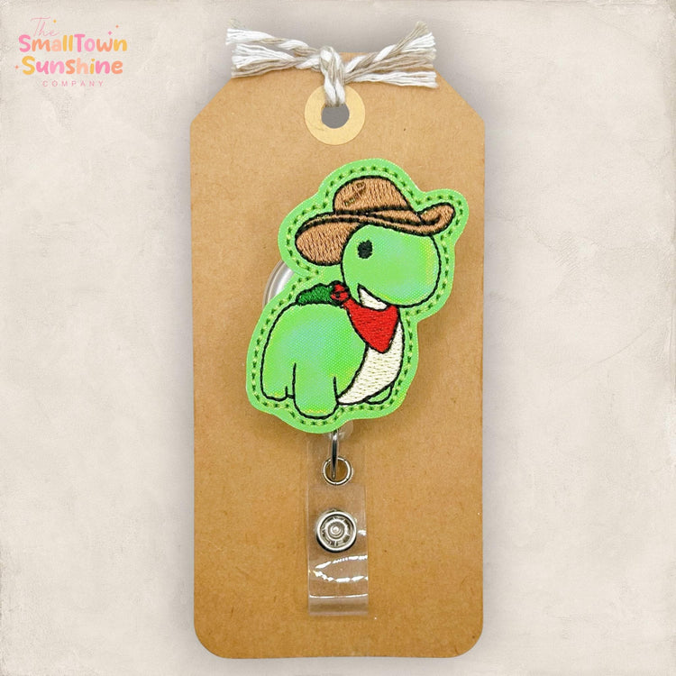 Cowboy Dinosaur Retractable Badge Reel: Animal ID Holder, Name Tag, Swappable Topper, Coworker Gift, Lanyard, MRI Safe, Heavy Duty Option