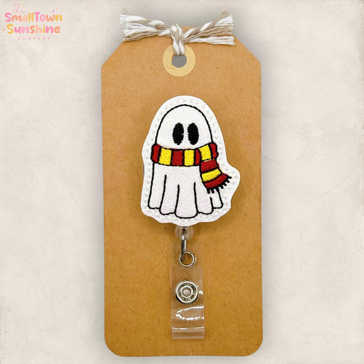 Wizard Scarf Ghost Retractable Badge Reel: Halloween ID Holder, Name Tag, Topper, Coworker Gift, Lanyard, MRI Safe, Heavy Duty | GLITTER