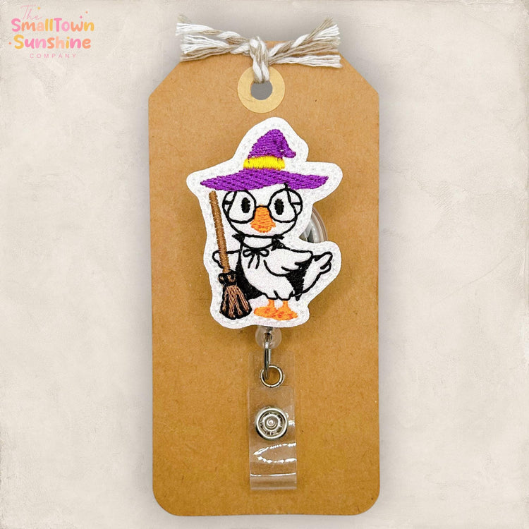 Duck Witch Retractable Badge Reel: Halloween ID Holder, Name Tag, Swappable Topper, Coworker Gift, Lanyard, MRI Safe, Heavy Duty | GLITTER