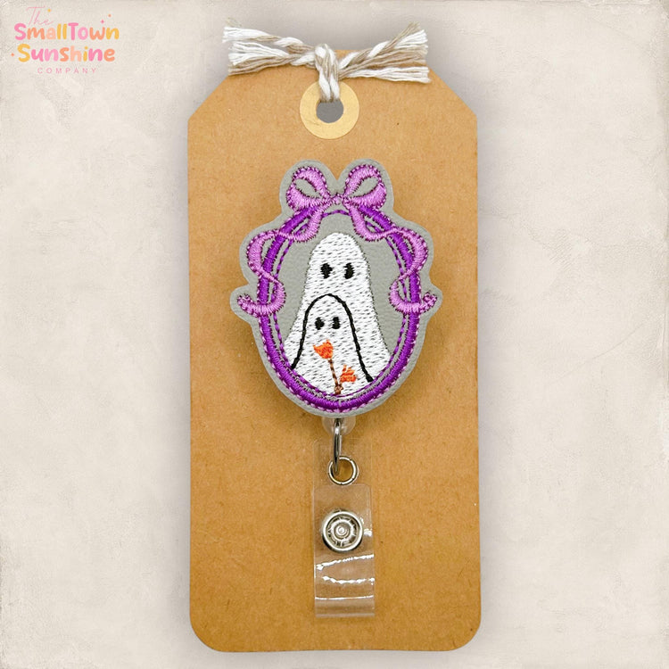 Vintage Ghost Cameo Retractable Badge Reel: Halloween ID Holder, Name Tag, Swappable Topper, Coworker Gift, Lanyard, MRI Safe, Heavy Duty