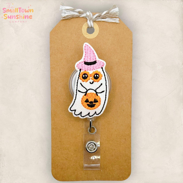 Trick or Treat Ghost Retractable Badge Reel: Halloween ID Holder, Name Tag, Topper, Coworker Gift, Lanyard, MRI Safe, Heavy Duty | GLITTER