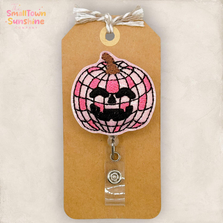 Pink Disco Pumpkin Retractable Badge Reel: Halloween ID Holder, Name Tag, Topper, Coworker Gift, Lanyard, MRI Safe, Heavy Duty | GLITTER