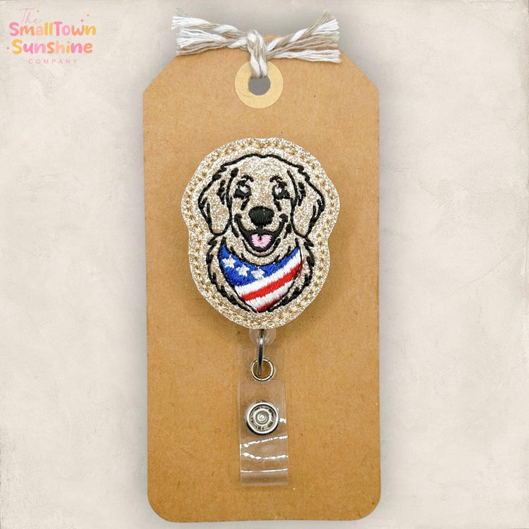 Golden Retriever Retractable Badge Reel: Dog ID Holder, Name Tag, Swappable Topper, Coworker Gift, Lanyard, MRI Safe, Heavy Duty | GLITTER