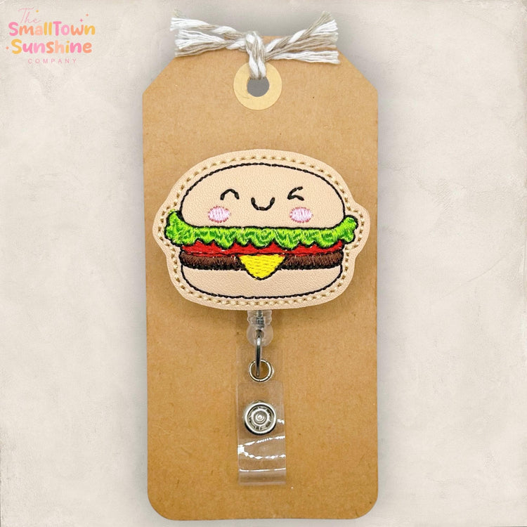 Hamburger Retractable Badge Reel: Cute Food ID Holder, Name Tag, Swappable Topper, Coworker Gift, Lanyard, MRI Safe, Heavy-Duty Options