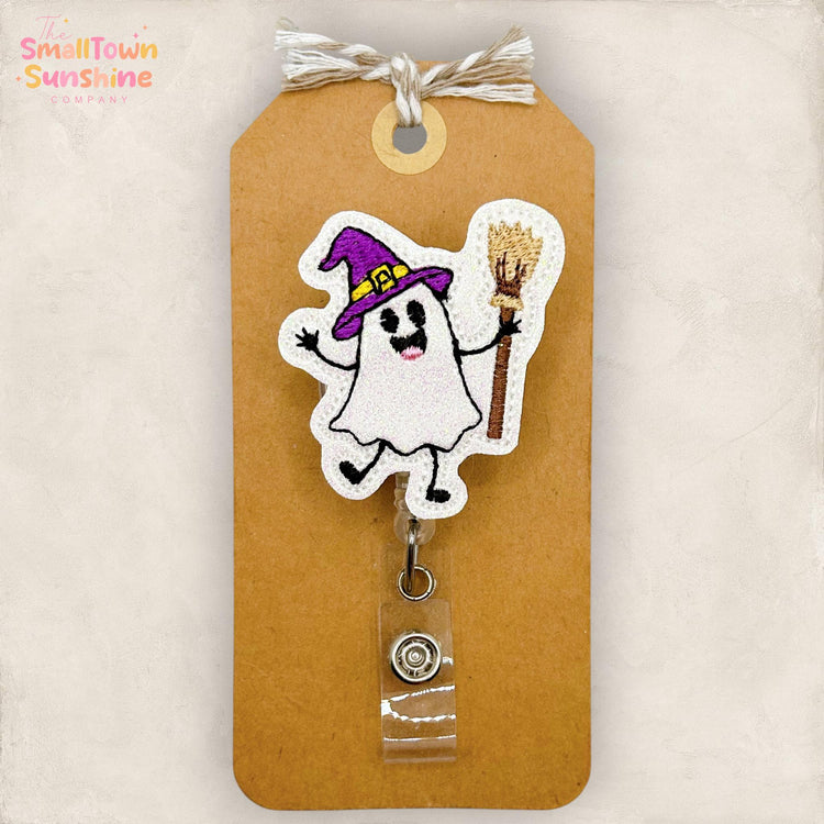 Doodle Ghost Witch Retractable Badge Reel: Halloween ID Holder, Name Tag, Topper, Coworker Gift, Lanyard, MRI Safe, Heavy Duty | GLITTER