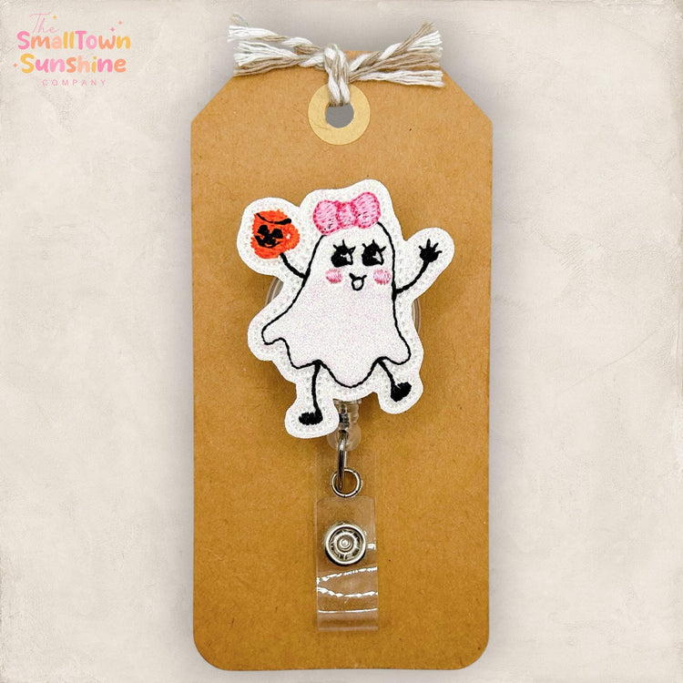 Doodle Ghost with Bow Retractable Badge Reel: Halloween ID Holder, Name Tag, Topper, Coworker Gift, Lanyard, MRI Safe, Heavy Duty | GLITTER