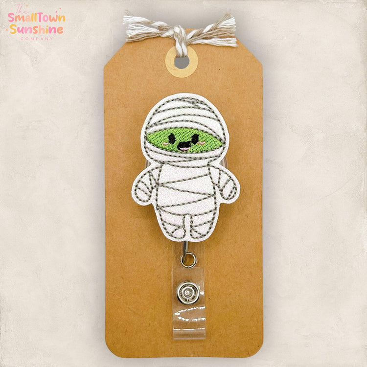 Cute Mummy Retractable Badge Reel: Halloween ID Holder, Name Tag, Swappable Topper, Coworker Gift, Lanyard, MRI Safe, Heavy Duty | GLITTER