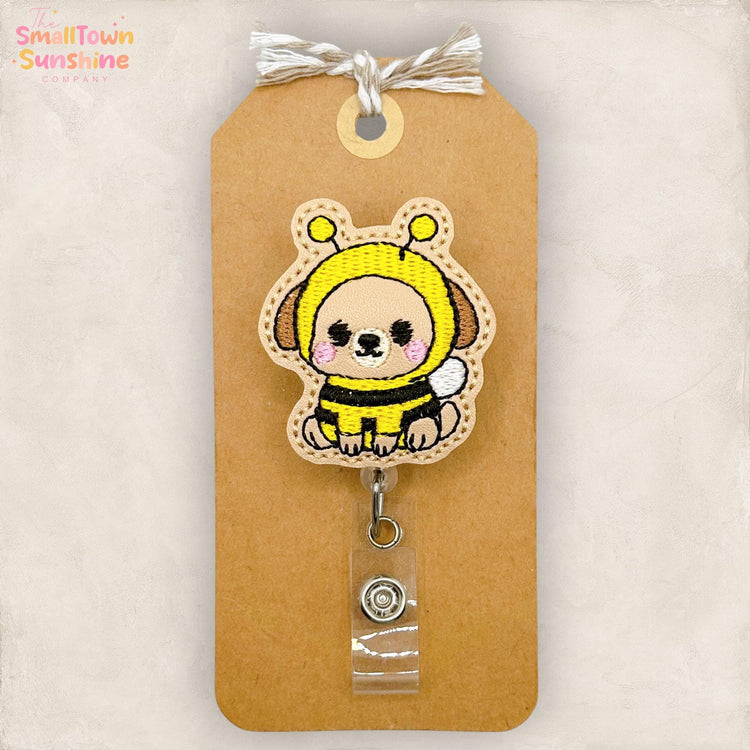 Bee Costume Puppy Retractable Badge Reel: Halloween ID Holder, Name Tag, Swappable Topper, Coworker Gift, Lanyard, MRI Safe, Heavy Duty