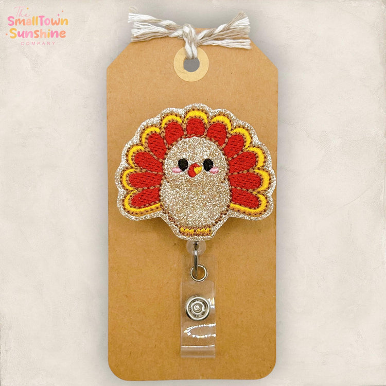 Fall Turkey Retractable Badge Reel: Thanksgiving ID Holder, Name Tag, Topper, Coworker Gift, Lanyard, MRI Safe, Heavy Duty | GLITTER