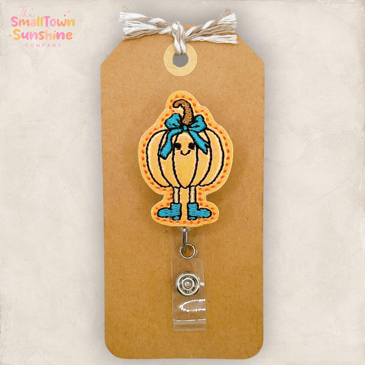 Pumpkin Girl Retractable Badge Reel: Cute Fall ID Holder, Name Tag, Swappable Topper, Coworker Gift, Lanyard, MRI Safe, Heavy Duty