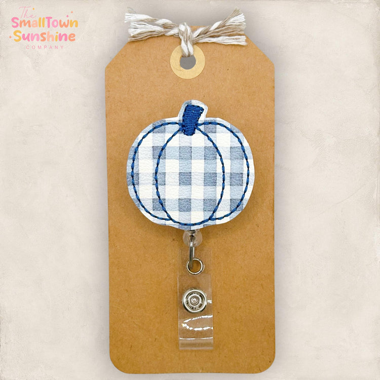 Vintage Blue Plaid Pumpkin Retractable Badge Reel: Autumn ID Holder, Name Tag, Topper, Coworker Gift, Lanyard, MRI Safe, Heavy Duty
