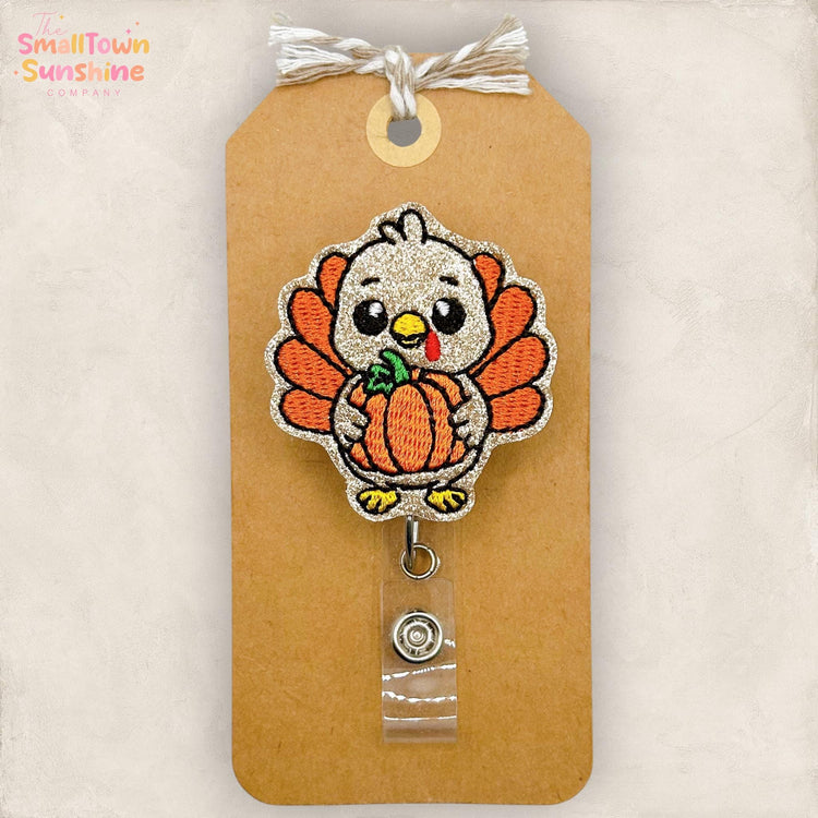 Turkey with Pumpkin Retractable Badge Reel: Thanksgiving ID Holder, Name Tag, Topper, Coworker Gift, Lanyard, MRI Safe, Heavy Duty | GLITTER