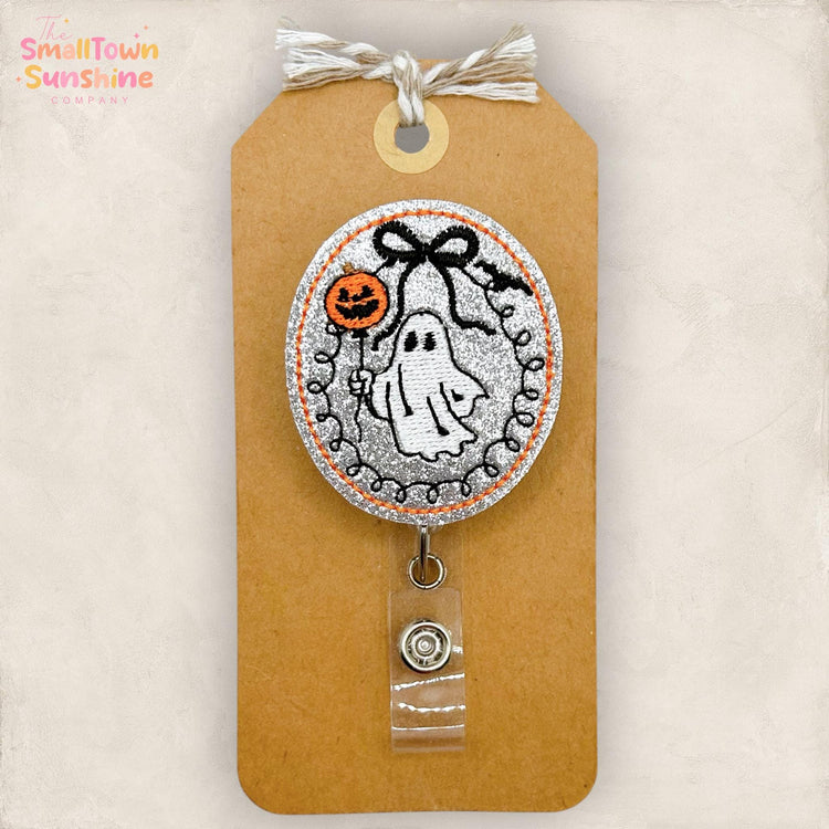 Halloween Ghost Retractable Badge Reel: Spooky Season ID Holder, Name Tag, Topper, Coworker Gift, Lanyard, MRI Safe, Heavy Duty | GLITTER