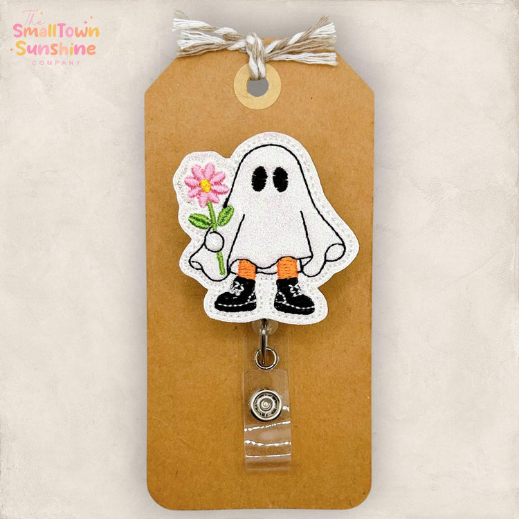 Ghost Kid with Flower Retractable Badge Reel: Halloween ID Holder, Name Tag, Topper, Coworker Gift, Lanyard, MRI Safe, Heavy Duty | GLITTER