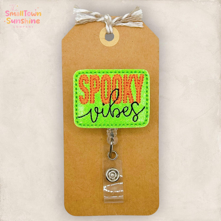 Spooky Vibes Retractable Badge Reel: Halloween ID Holder, Name Tag, Swappable Topper, Coworker Gift, Lanyard, MRI Safe, Heavy Duty | GLITTER