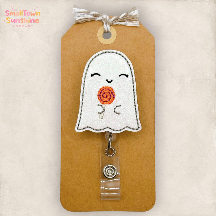 Ghost with Candy Retractable Badge Reel: Halloween ID Holder, Name Tag, Topper, Coworker Gift, Lanyard, MRI Safe, Heavy Duty | GLITTER