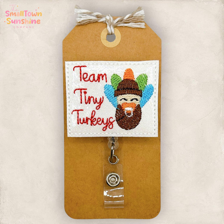 Team Tiny Turkeys Retractable Badge Reel: Thanksgiving ID Holder, Name Tag, Topper, Coworker Gift, Lanyard, MRI Safe, Heavy Duty | GLITTER