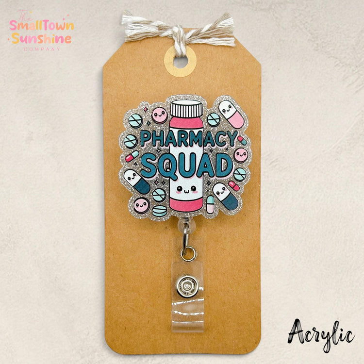 Pharmacy Squad Retractable Badge Reel: Medical Id Holder, Name Tag, Topper, Coworker Gift, Lanyard, MRI Safe, Heavy Duty | ACRYLIC GLITTER