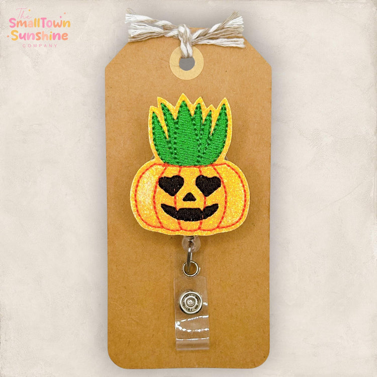 Jack o Lantern Planter Retractable Badge Reel: Halloween ID Holder, Name Tag, Topper, Coworker Gift, Lanyard, MRI Safe, Heavy Duty | GLITTER