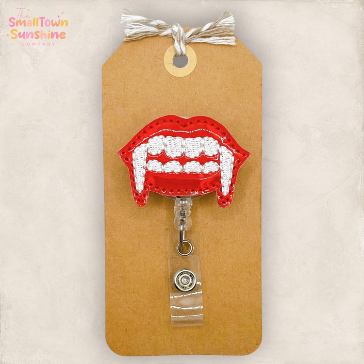 Vampire Fangs Retractable Badge Reel: Halloween ID Holder, Name Tag, Swappable Topper, Coworker Gift, Lanyard, MRI Safe, Heavy Duty