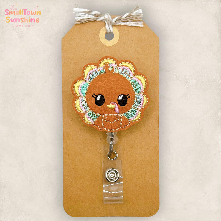 Pastel Brown Turkey Retractable Badge Reel: Thanksgiving ID Holder, Name Tag, Swappable Topper, Coworker Gift, Lanyard, MRI Safe, Heavy Duty