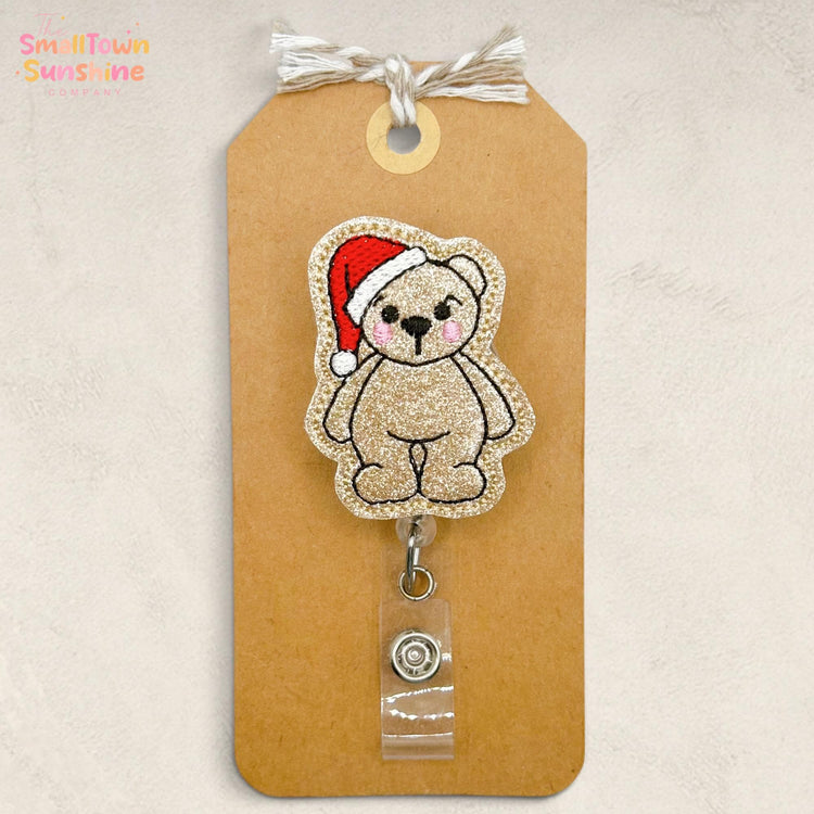 Santa Bear Retractable Badge Reel: Christmas ID Holder, Name Tag, Swappable Topper, Coworker Gift, Lanyard, MRI Safe, Heavy Duty | GLITTER