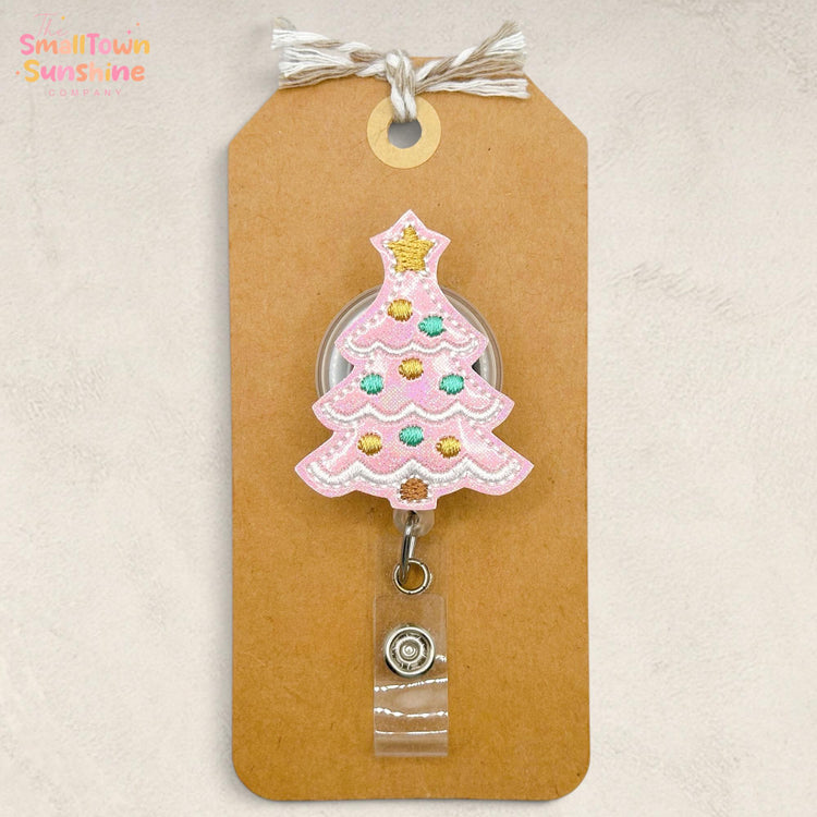 Pink Christmas Tree Retractable Badge Reel: Holiday ID Holder, Name Tag, Swappable Topper, Coworker Gift, Lanyard, MRI Safe, Heavy Duty