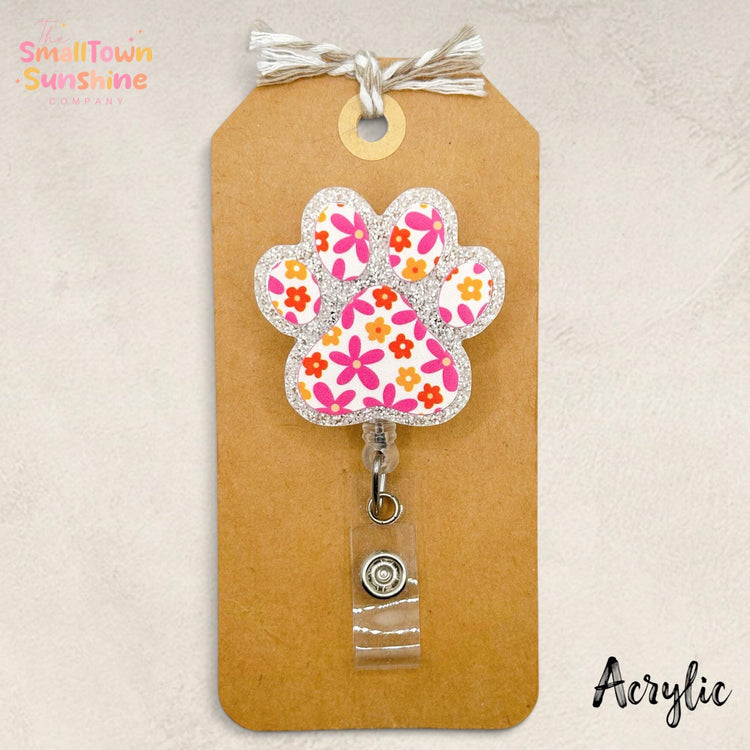 Floral Paw Print Retractable Badge Reel: Animal Id Holder, Name Tag, Topper, Coworker Gift, Lanyard, MRI Safe, Heavy Duty | GLITTER ACRYLIC