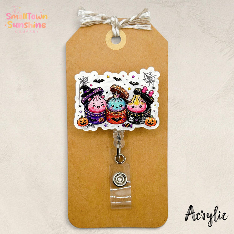Halloween Dumplings Retractable Badge Reel: Cute ID Holder, Name Tag, Topper, Coworker Gift, Lanyard, MRI Safe, Heavy Duty | ACRYLIC