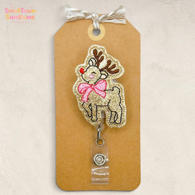 Pink Bow Reindeer Retractable Badge Reel: ID Holder, Name Tag, Swappable Topper, Coworker Gift, Lanyard, MRI Safe, Heavy Duty | GLITTER