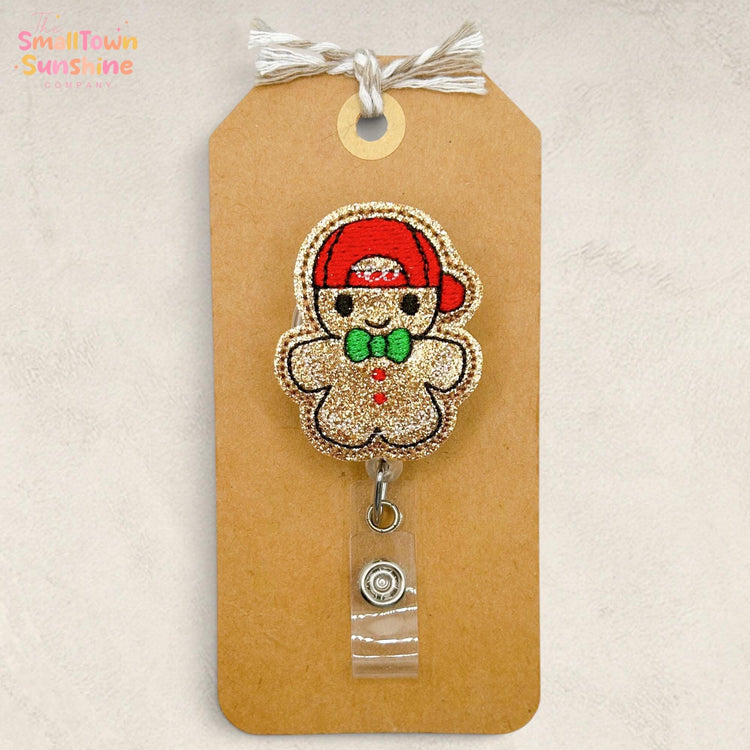 Gingerbread Boy Retractable Badge Reel: Christmas ID Holder, Name Tag, Topper, Coworker Gift, Lanyard, MRI Safe, Heavy Duty | GLITTER