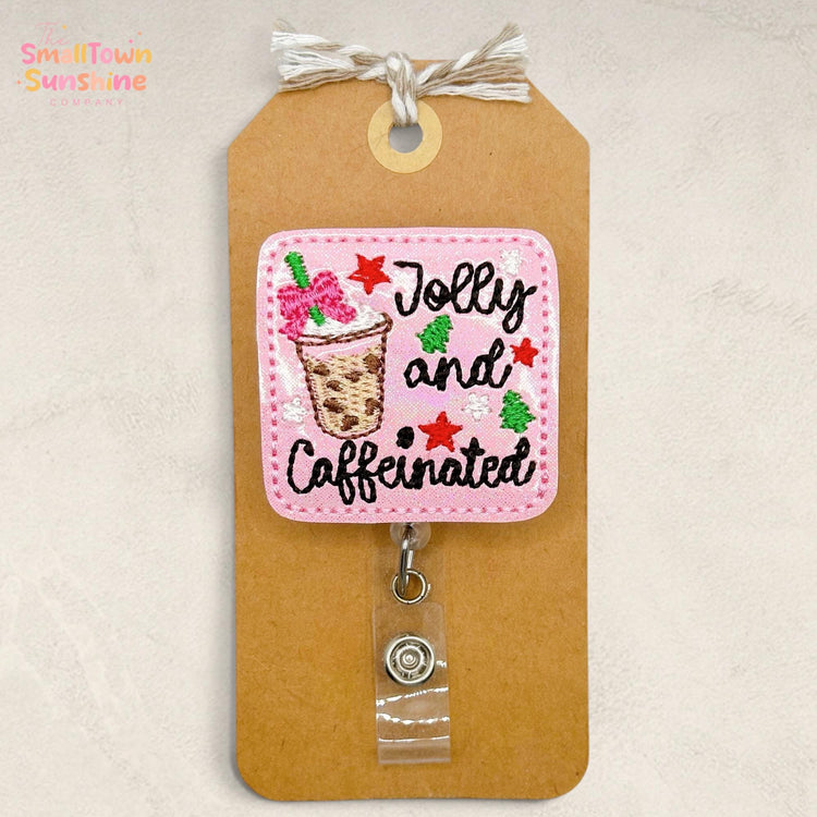 Jolly & Caffeinated Retractable Badge Reel: Christmas ID Holder, Name Tag, Topper, Coworker Gift, Lanyard, MRI Safe, Heavy Duty Clip