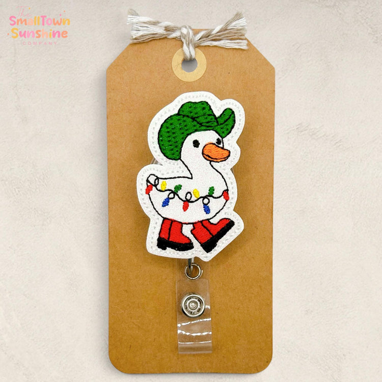 Western Christmas Goose Retractable Badge Reel: ID Holder, Name Tag, Topper, Coworker Gift, Lanyard, MRI Safe, Heavy Duty Clip | GLITTER