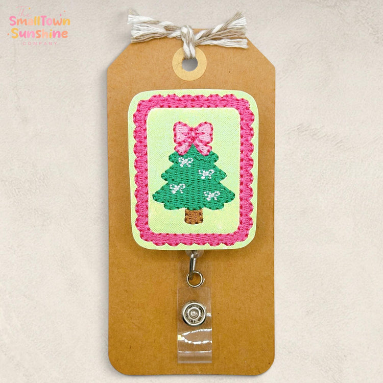 Christmas Tree Stamp Retractable Badge Reel: Holiday ID Holder, Name Tag, Swappable Topper, Coworker Gift, Lanyard, MRI Safe, Heavy Duty