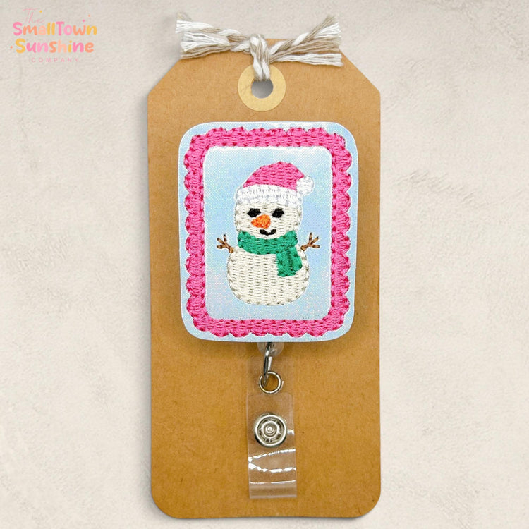 Snowman Stamp Retractable Badge Reel: Holiday ID Holder, Name Tag, Swappable Topper, Coworker Gift, Lanyard, MRI Safe, Heavy Duty Clip