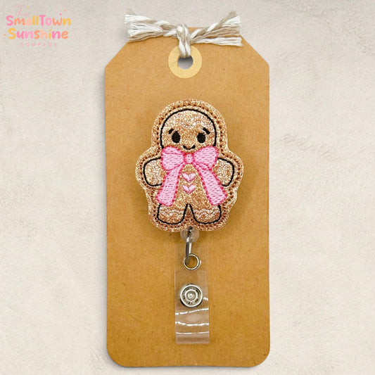 Pink Bow Gingerbread Retractable Badge Reel: Christmas ID Holder, Name Tag, Topper, Coworker Gift, Lanyard, MRI Safe, Heavy Duty | GLITTER