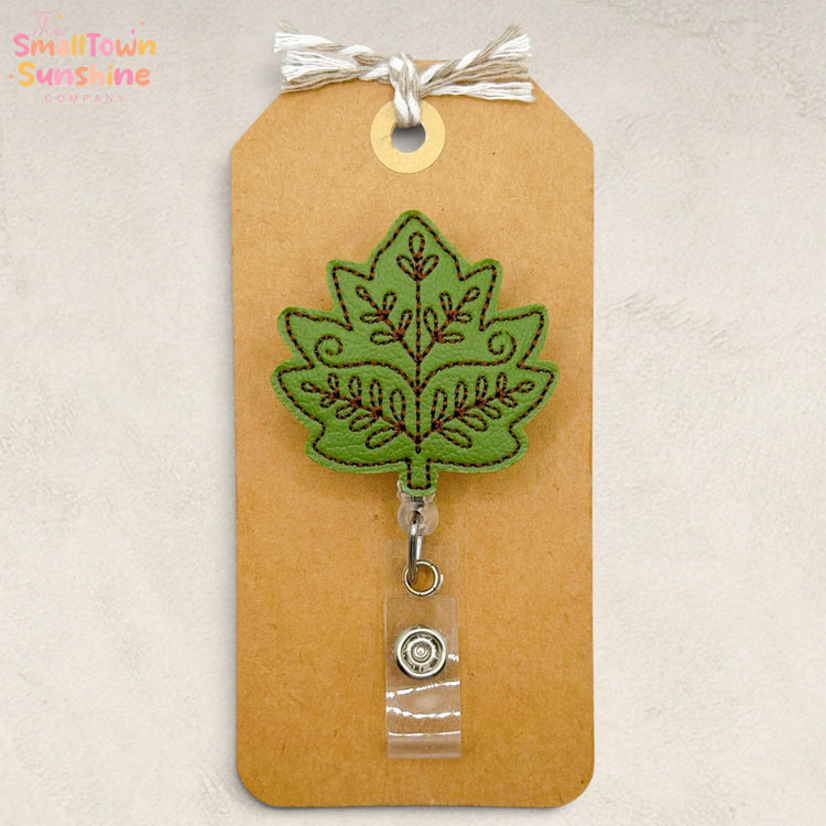 Green Leaf Retractable Badge Reel: Autumn ID Holder, Name Tag, Swappable Topper, Coworker Gift, Lanyard, MRI Safe, Heavy Duty Clip